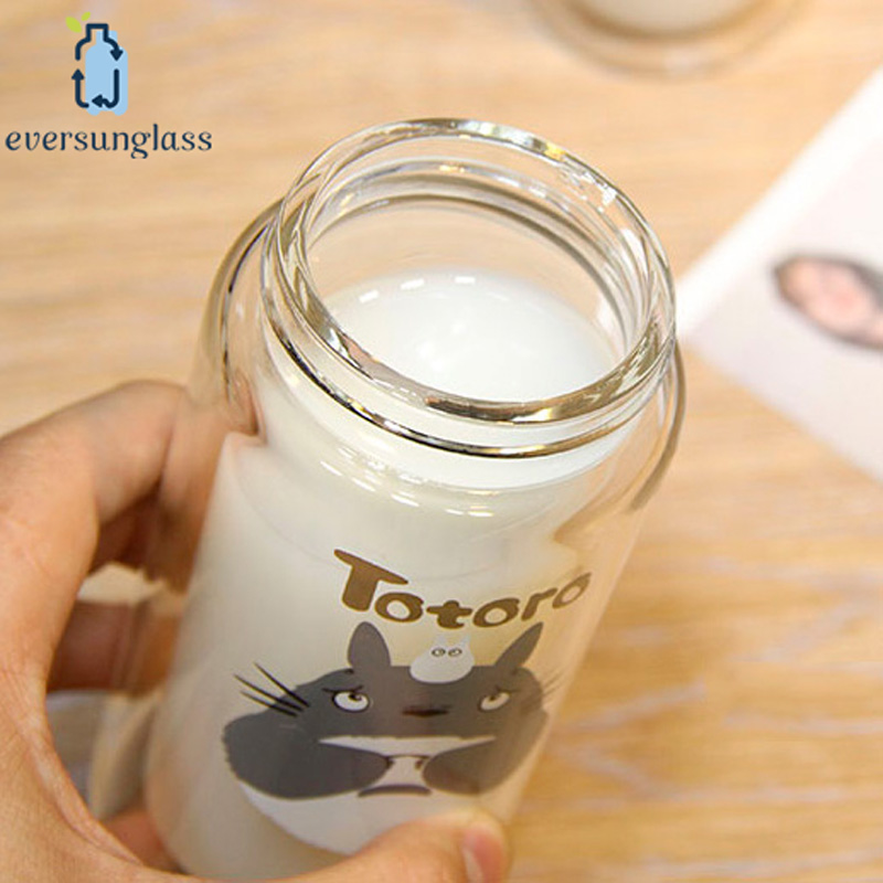 320ml Wholesale Creative Portable Totoro Pattern Double Wall Borosilicate Glass Milk Bottle with Rope