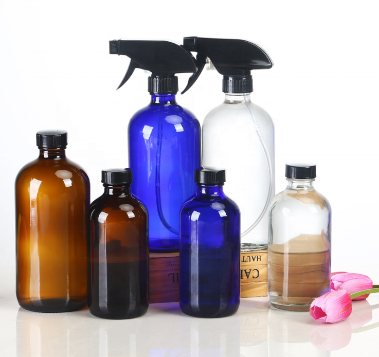 32oz 1000Ml Clear Boston Round Spray Bottle Glass With Trigger Sprayer for Home Cleaning