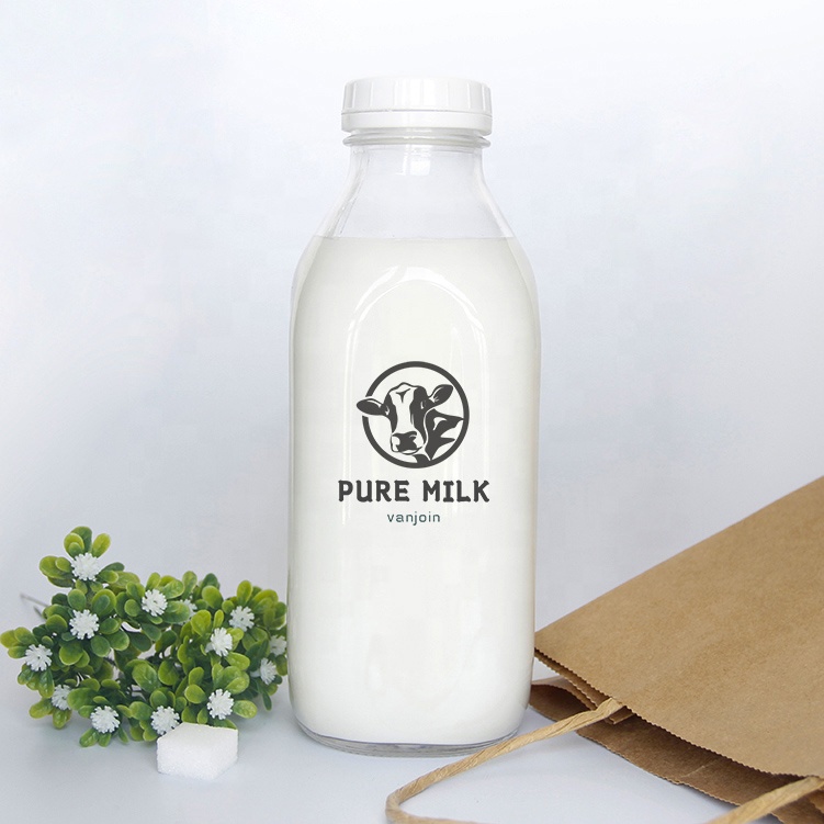 32oz 1000ml Pint 1Quart Glass Cold Pressed Juice French Square Milk Bottles With Tamper Evident Cap For Dairy Frams