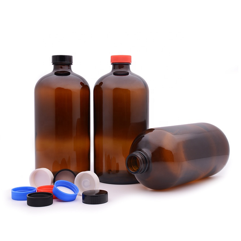 32oz  1L 1000ml amber boston round glass bottle with screw cap for lab