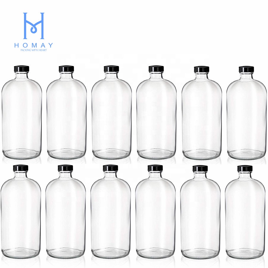 32oz / 1L clear boston round glass bottles with pumps and screw caps for drinks