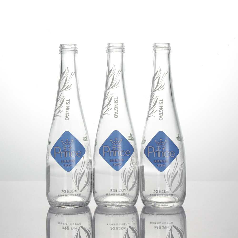 330ml 33cl empty silk screen printed BVS finish flint still sparkling mineral soda water glass bottle with 28mm ropp caps
