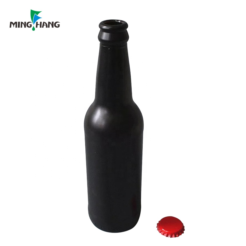 330ml 500ml Matte Black Frosted Glass Beer Bottles With Crown Metal Cap