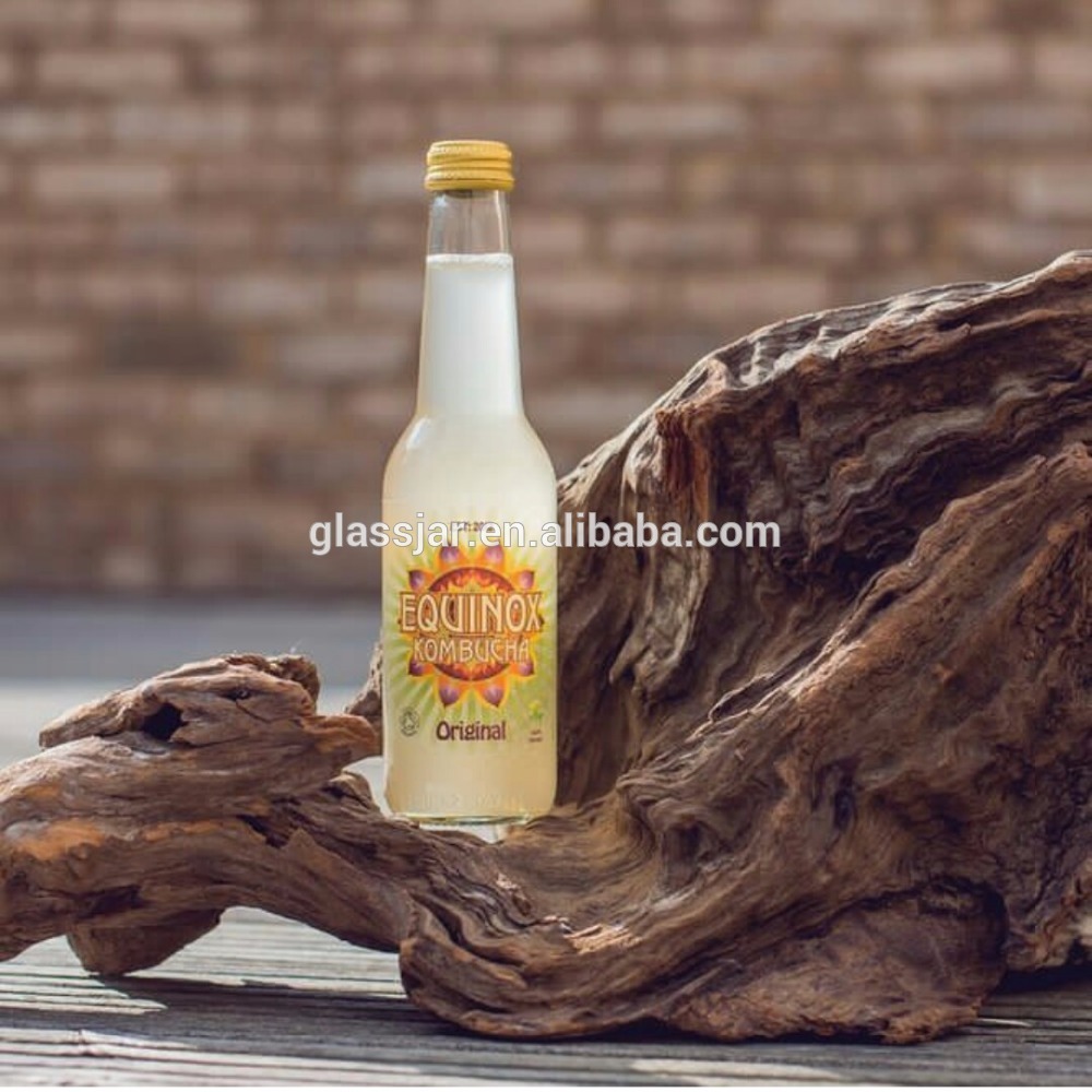 330ml Drinking water ice cold tea kombucha long neck glass bottle with aluminum cap