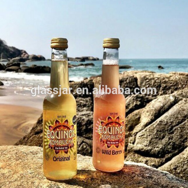 330ml Drinking water ice cold tea kombucha long neck glass bottle with aluminum cap