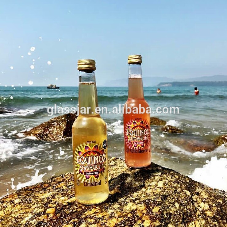330ml Drinking water ice cold tea kombucha long neck glass bottle with aluminum cap