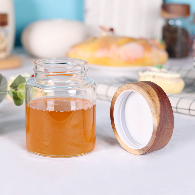 335ml high borosilicate glass jam jar, honey storage jar with acacia wood lid