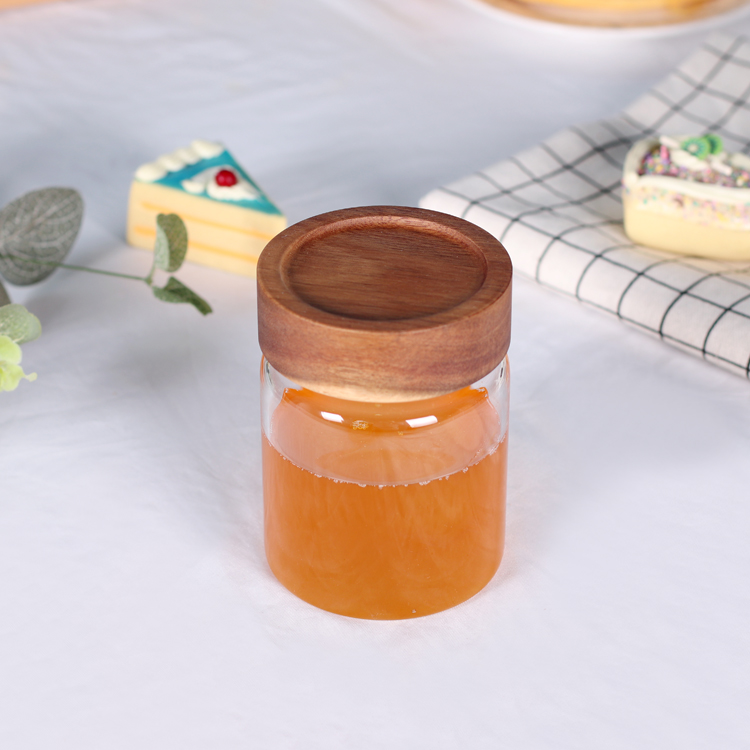 335ml high borosilicate glass jam jar, honey storage jar with acacia wood lid