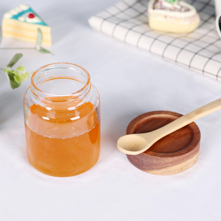 335ml high borosilicate glass jam jar, honey storage jar with acacia wood lid