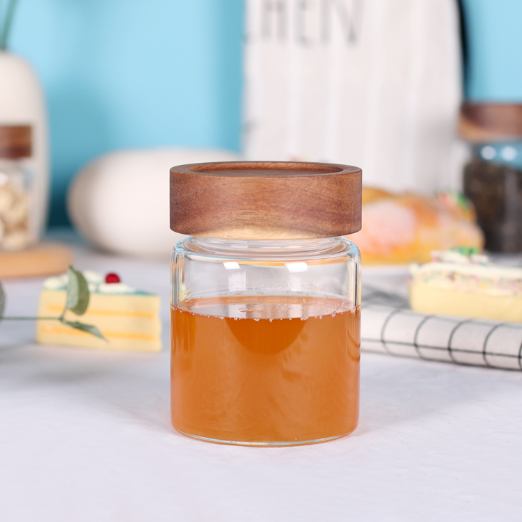 335ml high borosilicate glass jam jar, honey storage jar with acacia wood lid