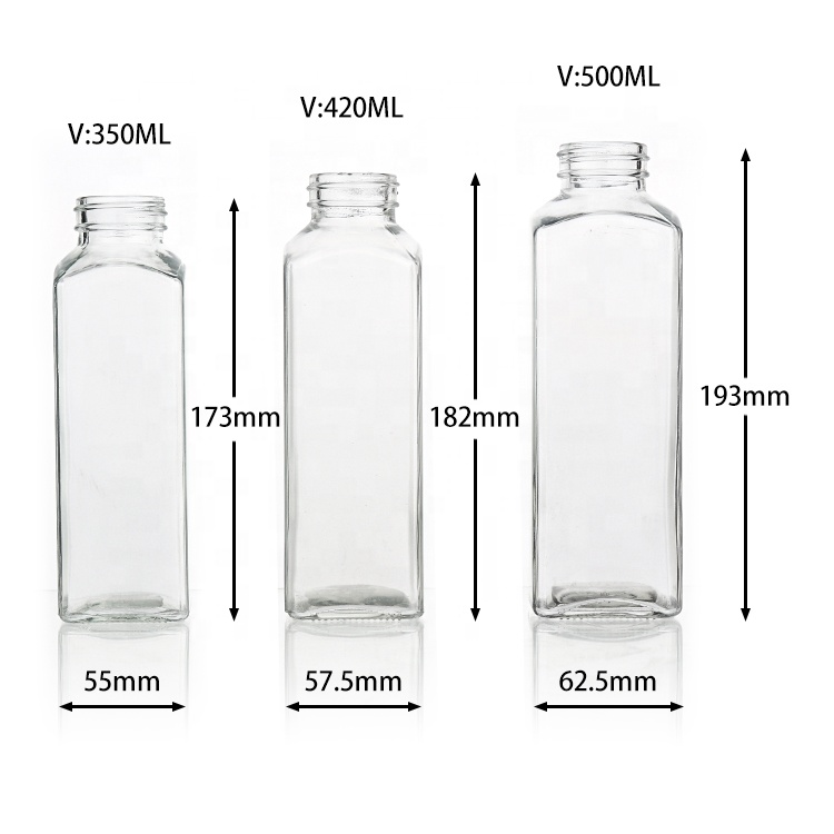 350 ml 420ml 500ml Square Milk Juce Glass Bottle Fruit Juice Glass Beverage Bottles