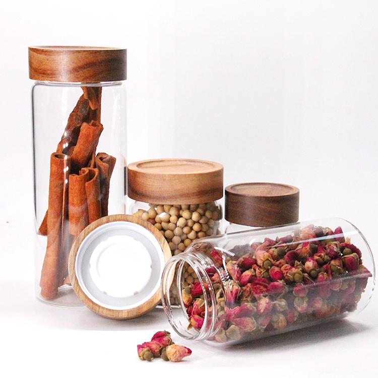 350ml 400ml 500ml 1000ml High Borosilicate Home Use Glass Storage Jar with Sealed Acacia Lid with screw cap