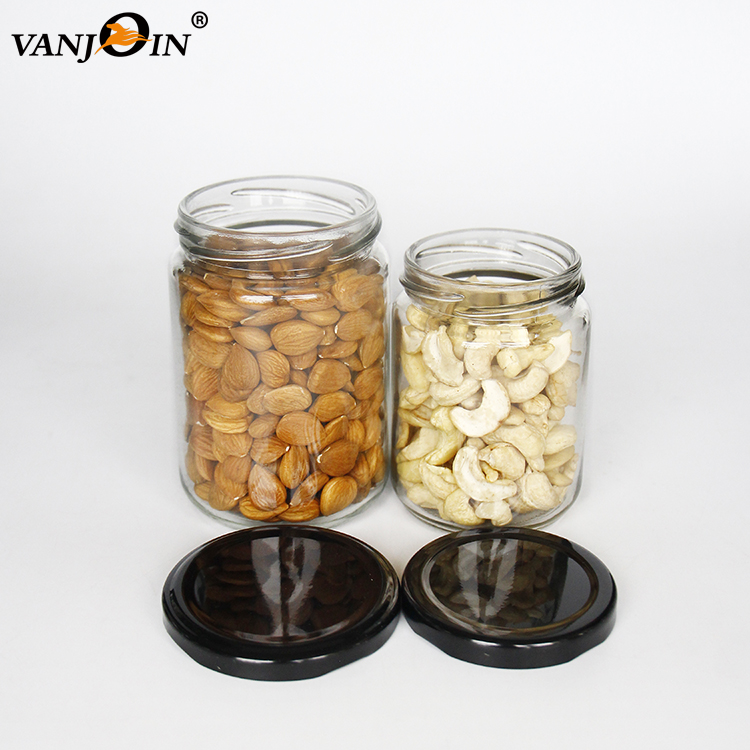350ml 420ml 500ml 750ml Round Shape Glass Jar with Black Metal Cap for Honey Jam Jelly