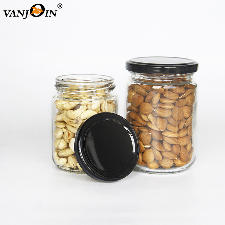 350ml 420ml 500ml 750ml Round Shape Glass Jar with Black Metal Cap for Honey Jam Jelly