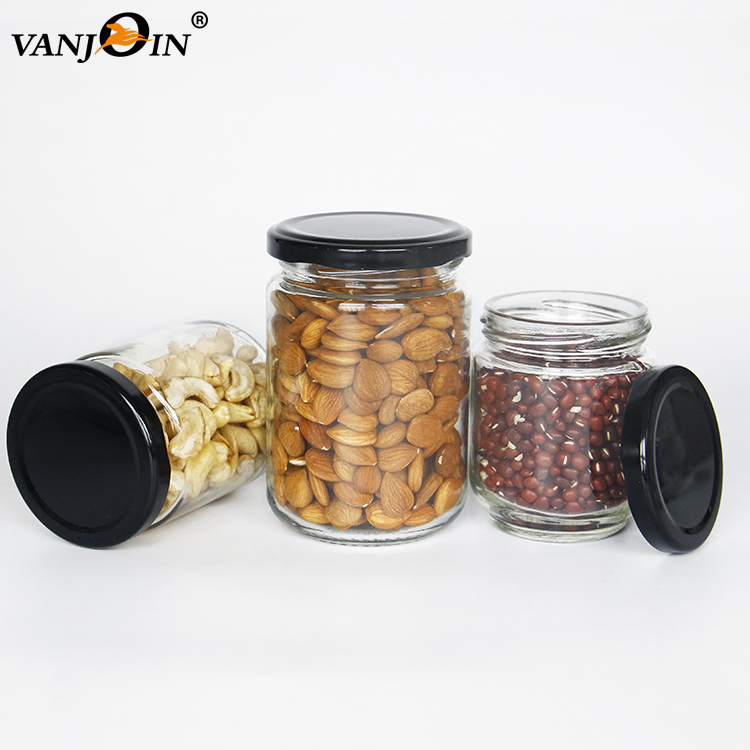350ml 420ml 500ml 750ml Round Shape Glass Jar with Black Metal Cap for Honey Jam Jelly