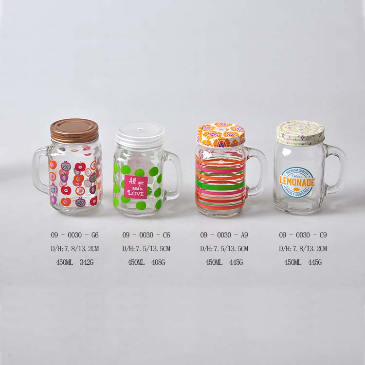 350ml 450ml 500ml Custom Colored Drinking Water Beverage Glass Mason Jar With Handle
