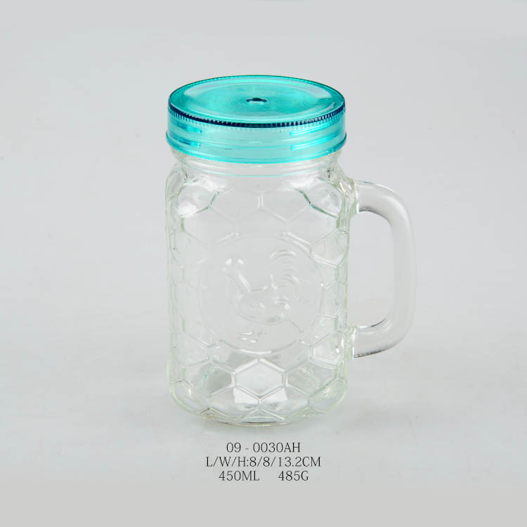 350ml 450ml 500ml Custom Colored Drinking Water Beverage Glass Mason Jar With Handle