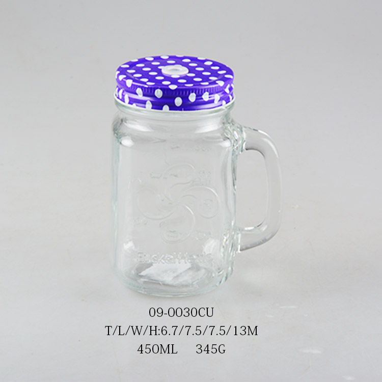 350ml 450ml 500ml Custom Colored Drinking Water Beverage Glass Mason Jar With Handle