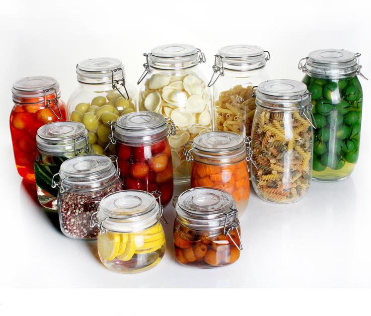 350ml 500ml 750ml 1000ml Square Glass Clamp Lid Kitchen Storage Jar with Air Tight Seal Metal