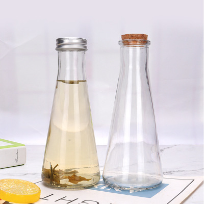 350ml Conical Beverage Bottle Milk Glass Bottle Cold Drink Milk teaJuice Bottle With Wood Lid