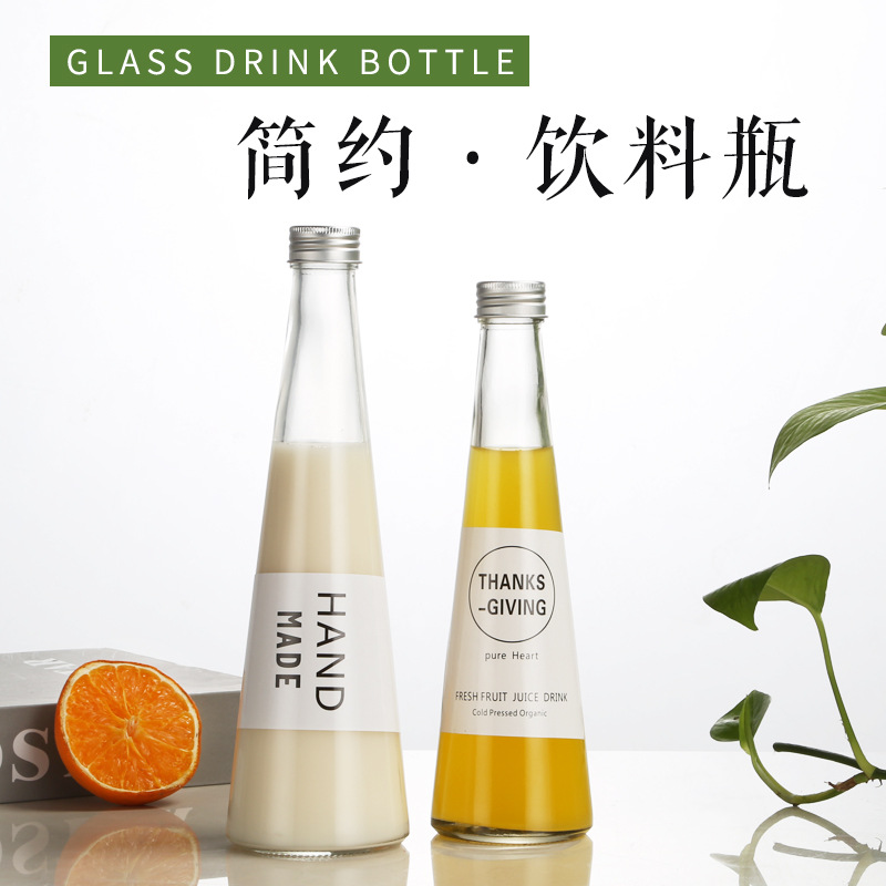 350ml Conical Beverage Bottle Milk Glass Bottle Cold Drink Milk teaJuice Bottle With Wood Lid