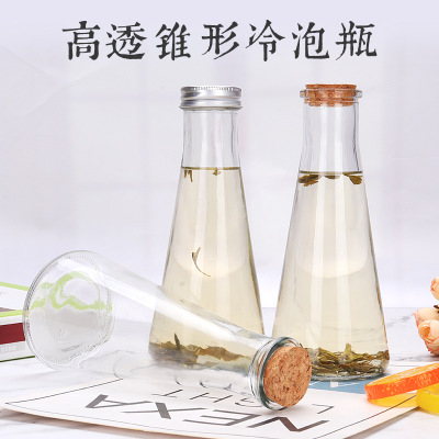 350ml Conical Beverage Bottle Milk Glass Bottle Cold Drink Milk teaJuice Bottle With Wood Lid