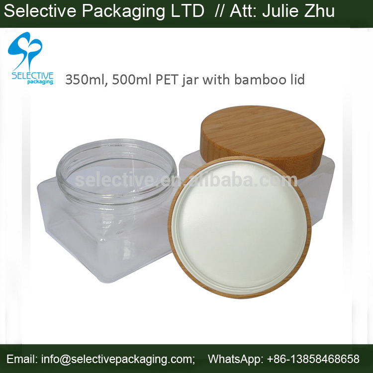 350ml pet cosmetic jar with bamboo cap square jar 500ml cream jars