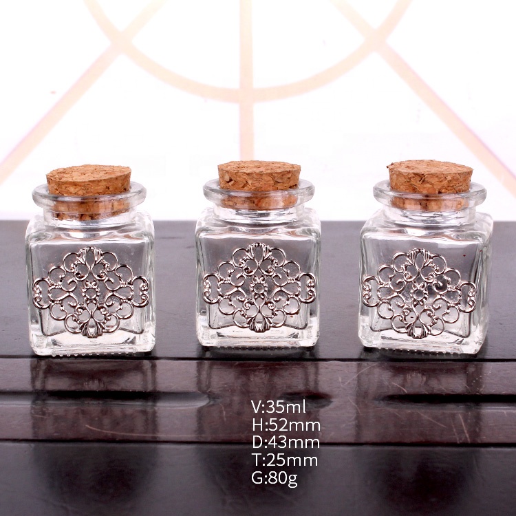 35ml customized square clear glass jar with cork wide mouth square glass jar