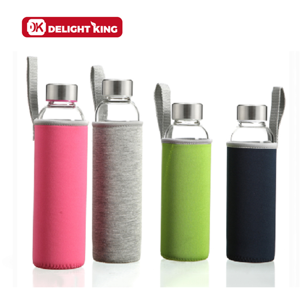 360ml/420ml550ml Custom Logo Drinking Glass Water Bottle With Colorful Nylon Pouch High Borosilicate Glass Bottle Drink for Kids