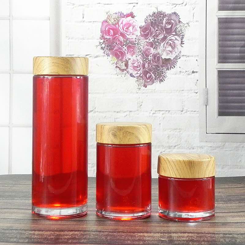 360ml Pickles honey and jam Straight glass jar Wood grain plastic lid clear round glass jar
