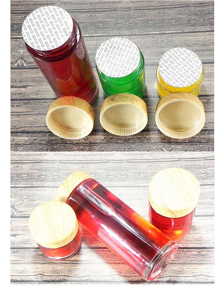360ml Pickles honey and jam Straight glass jar Wood grain plastic lid clear round glass jar