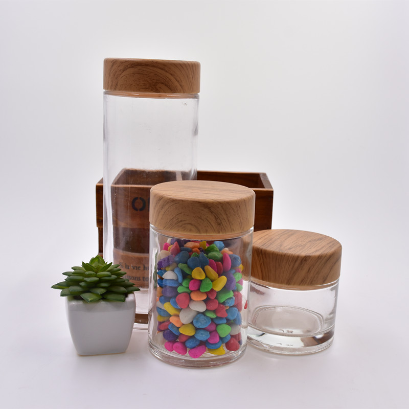 360ml Pickles honey and jam Straight glass jar Wood grain plastic lid clear round glass jar