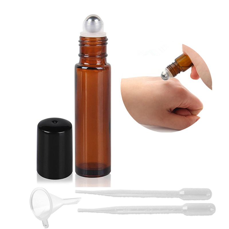36pcs/ pack 10ml Brown Amber Empty Refillable Stainless Steel Metal Roller Ball Roll on Glass Bottles Containers