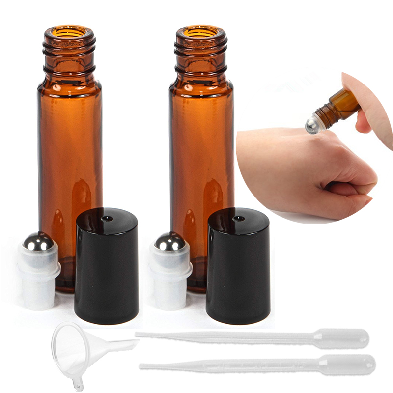 36pcs/ pack 10ml Brown Amber Empty Refillable Stainless Steel Metal Roller Ball Roll on Glass Bottles Containers