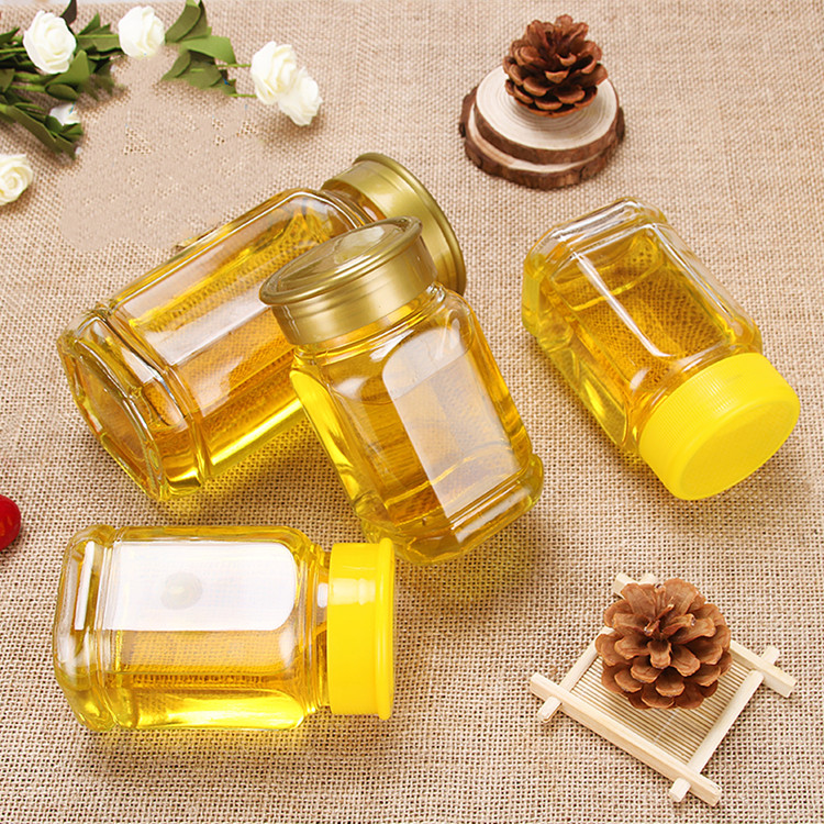 375ml 750ml 500g 1kg hexagonal glass honey pot glass jar with yellow plastic cap