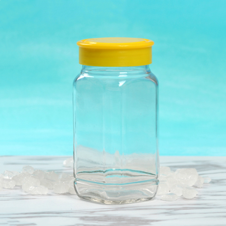 375ml 750ml 500g 1kg hexagonal glass honey pot glass jar with yellow plastic cap