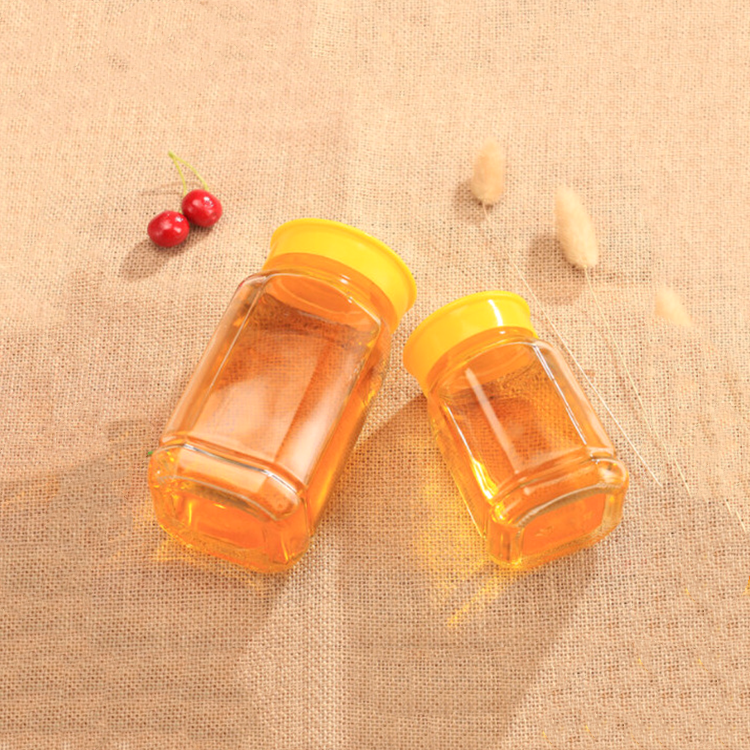 375ml 750ml 500g 1kg hexagonal glass honey pot glass jar with yellow plastic cap