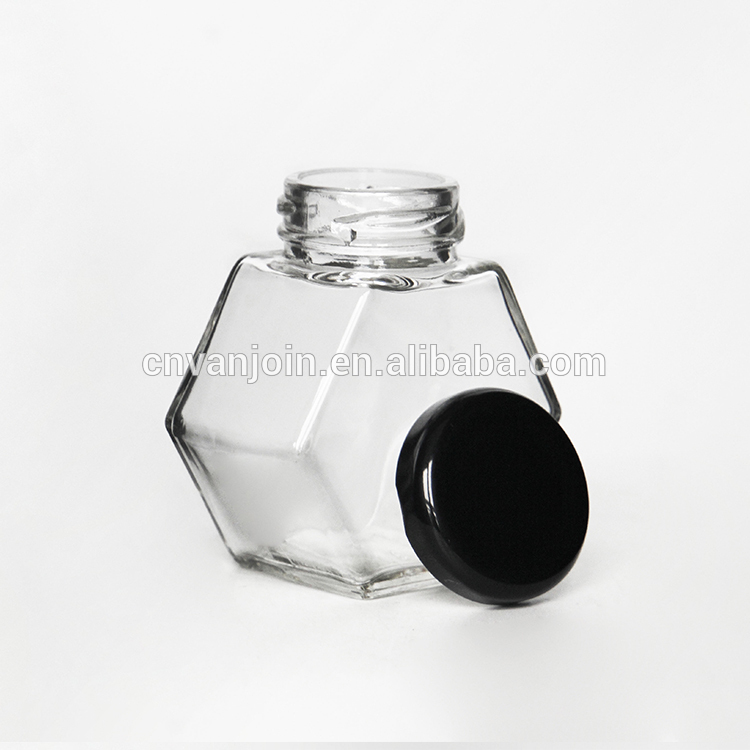 380ML Clear Food Packaging Glass Jar 250ml 500g Flat Hexagonal Honey Jar With Tin Lid For Honey