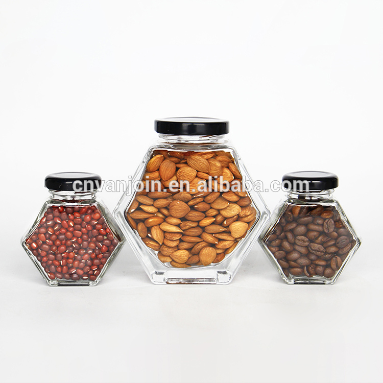 380ML Clear Food Packaging Glass Jar 250ml 500g Flat Hexagonal Honey Jar With Tin Lid For Honey