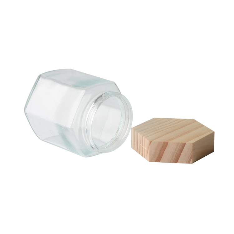 380ml 12oz food grade hexagonal glass honey jar for storage with wooden lid