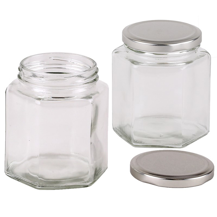 380ml 250g Honey Jar Hexagon Glass Jar with Metal Lids for Jam Spice