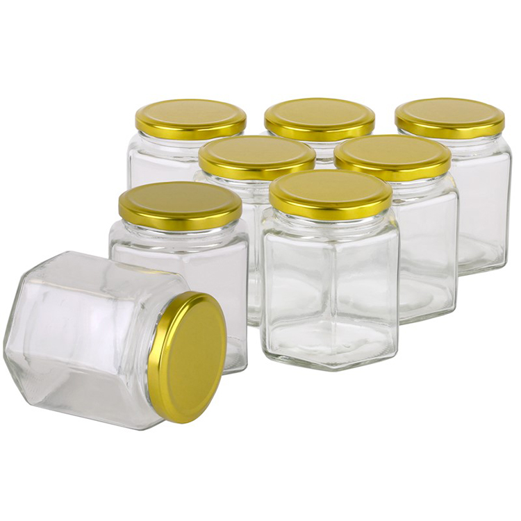 380ml 250g Honey Jar Hexagon Glass Jar with Metal Lids for Jam Spice