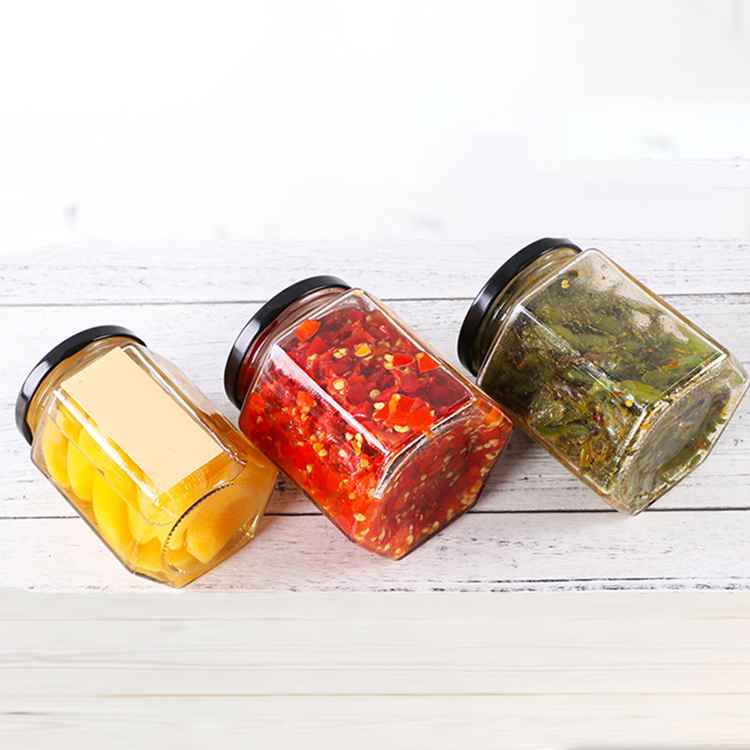 380ml 250g Honey Jar Hexagon Glass Jar with Metal Lids for Jam Spice