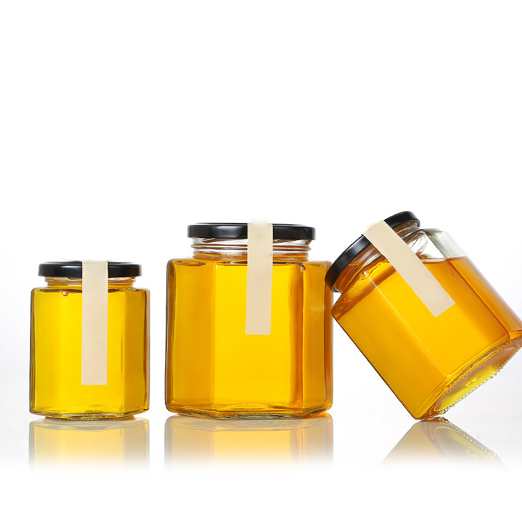 380ml 250g Honey Jar Hexagon Glass Jar with Metal Lids for Jam Spice