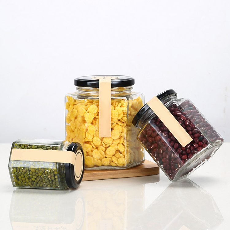 380ml 250g Honey Jar Hexagon Glass Jar with Metal Lids for Jam Spice