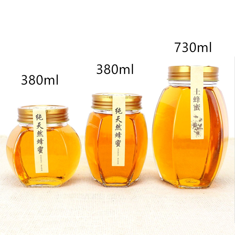 380ml 730ml 500g 1kg hexagonal glass jars for honey with metal screw cap