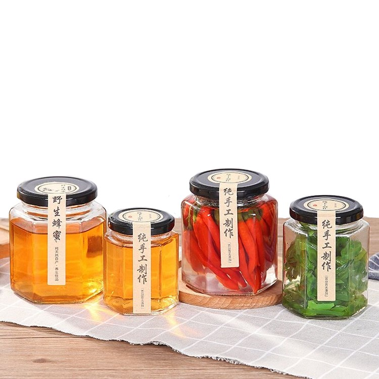 380ml 730ml hexagonal glass honey jar pickle jar with metal cap