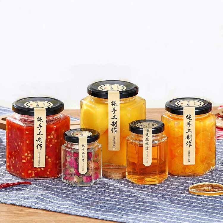 380ml 730ml hexagonal glass honey jar pickle jar with metal cap