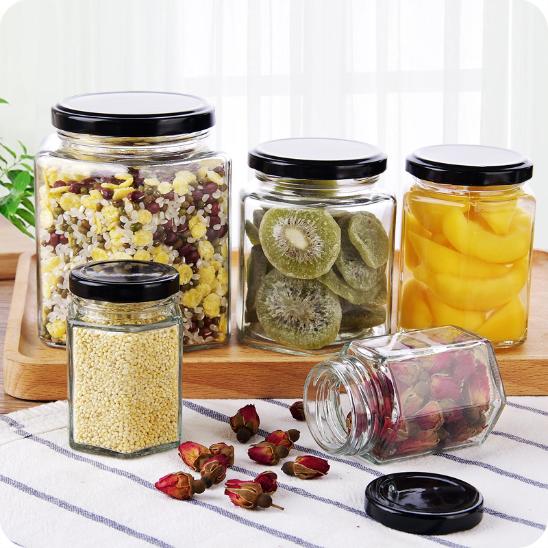 380ml 730ml hexagonal glass honey jar pickle jar with metal cap