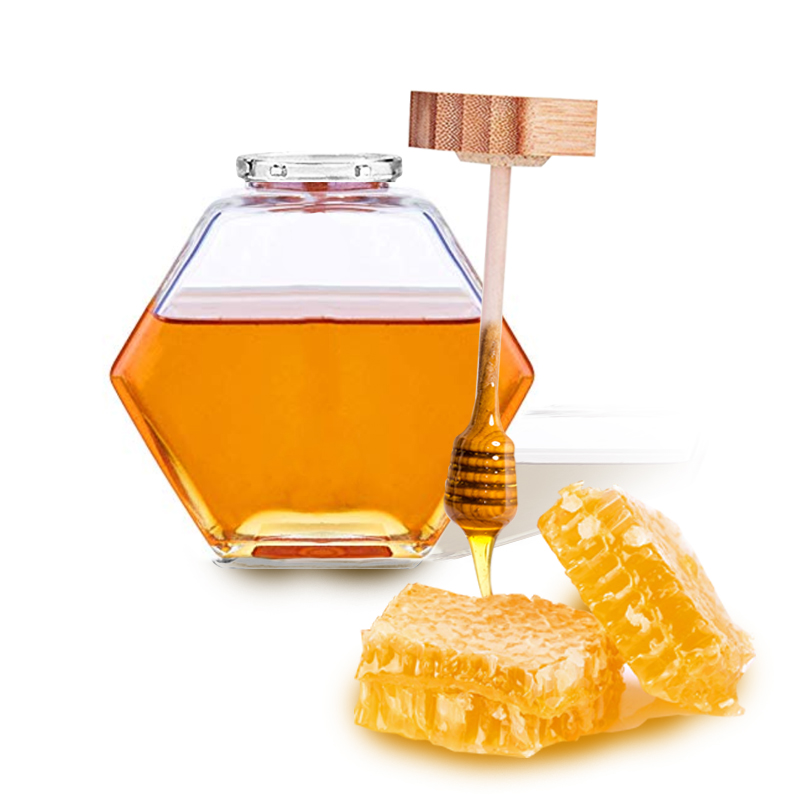 380ml Hexagonal Honey Glass Jar with Wood Cap & Stirring Rod